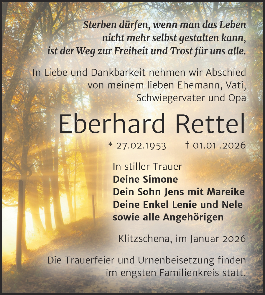 Traueranzeige für Eberhard Rettel vom 31.01.2026 aus Trauerkombi Wittenberg