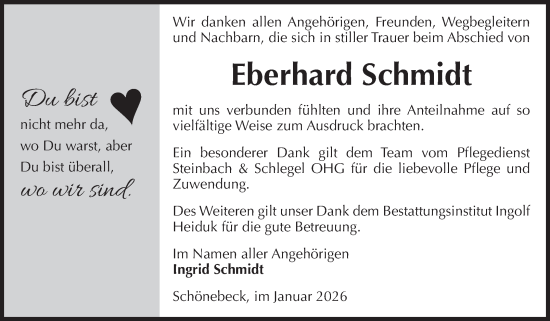 Traueranzeige von Eberhard Schmidt von Volksstimme Schönebeck