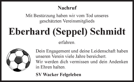 Traueranzeige von Eberhard Schmidt von Volksstimme Schönebeck