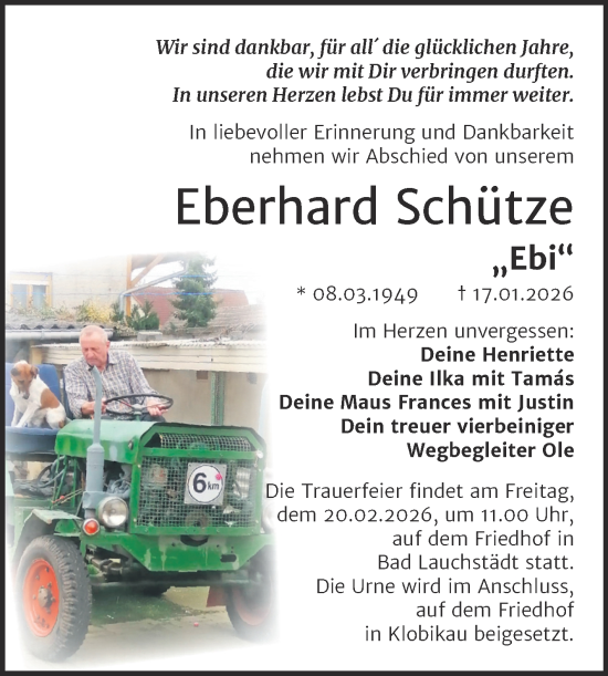 Traueranzeige von Eberhard Schütze von Trauerkombi Merseburg