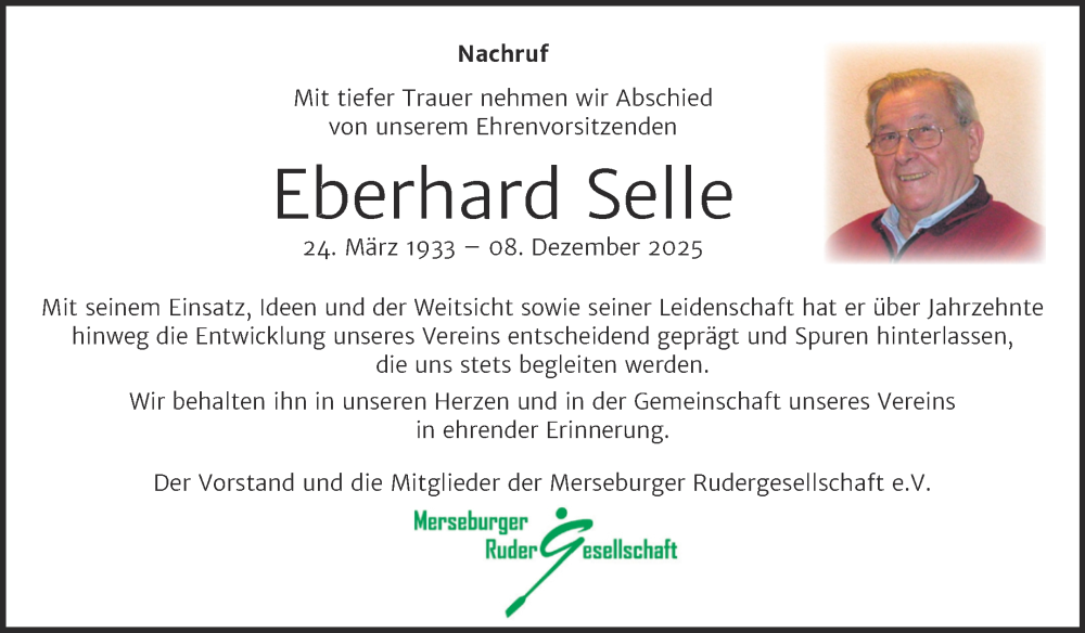  Traueranzeige für Eberhard Selle vom 10.01.2026 aus Trauerkombi Merseburg