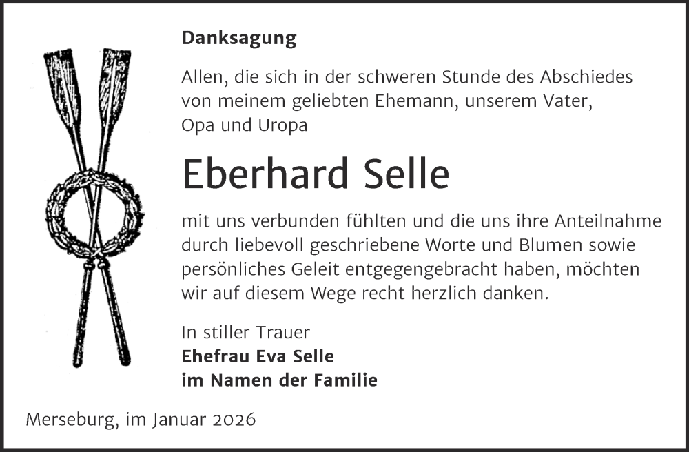  Traueranzeige für Eberhard Selle vom 31.01.2026 aus Trauerkombi Merseburg