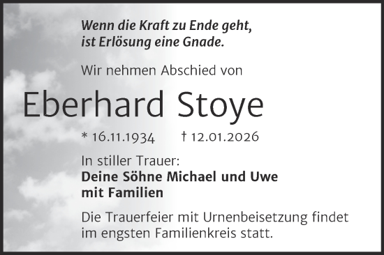 Traueranzeige von Eberhard Stoye von Trauerkombi Bitterfeld