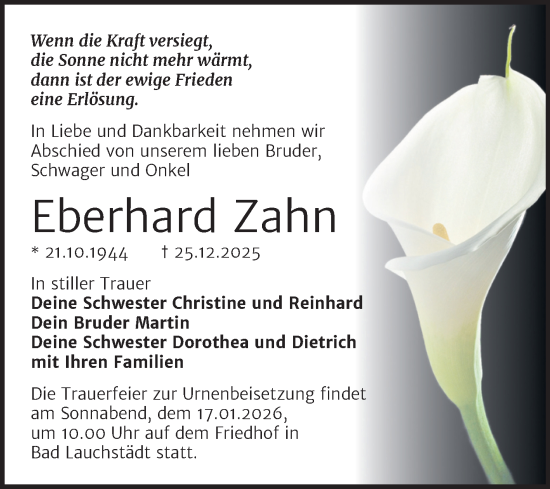 Traueranzeige von Eberhard Zahn von Trauerkombi Merseburg