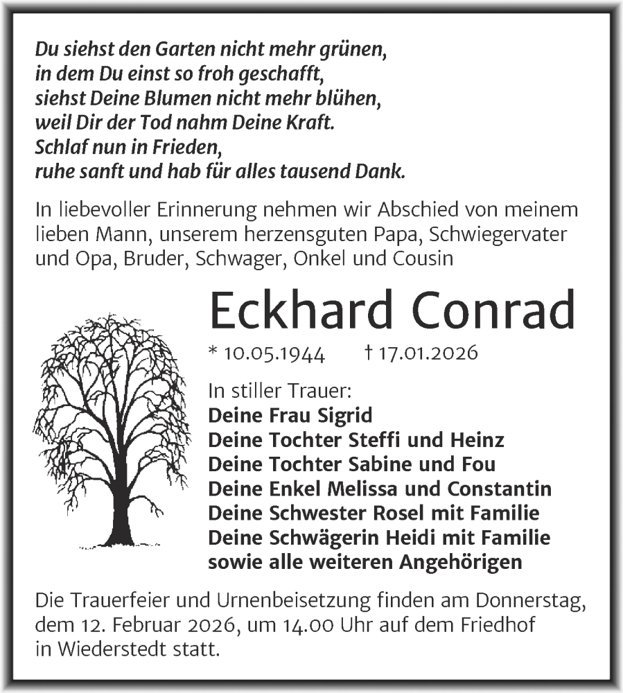  Traueranzeige für Eckhard Conrad vom 29.01.2026 aus Trauerkombi Mansfelder Land