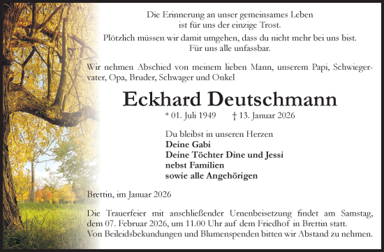 Traueranzeige von Eckhard Deutschmann von Volksstimme Burg/Genthin