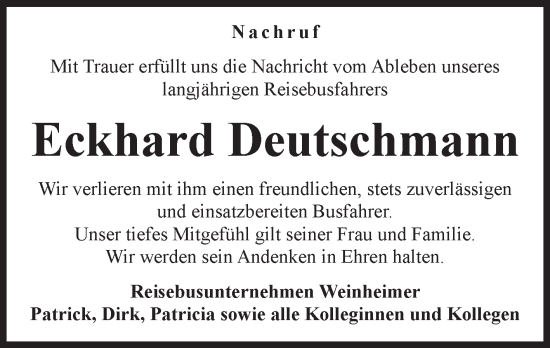 Traueranzeige von Eckhard Deutschmann von Volksstimme Burg/Genthin
