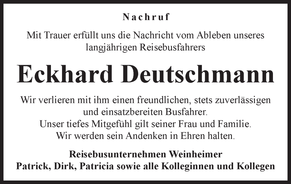  Traueranzeige für Eckhard Deutschmann vom 31.01.2026 aus Volksstimme Burg/Genthin