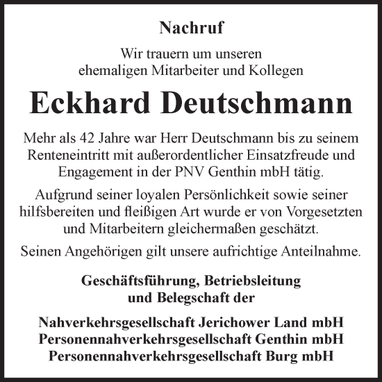 Traueranzeige von Eckhard Deutschmann von Volksstimme Burg/Genthin