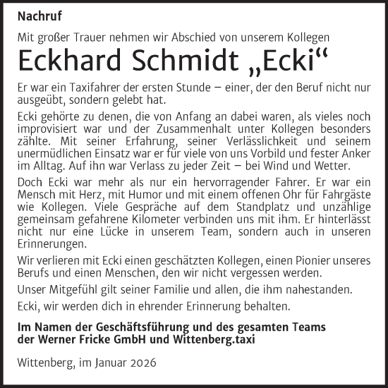 Traueranzeige von Eckhard Schmidt von Super Sonntag Wittenberg