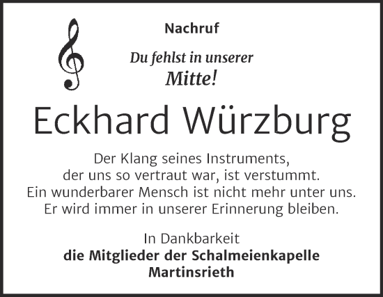 Traueranzeige von Eckhard Würzburg von Super Sonntag Sangerhausen