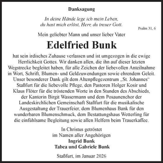 Traueranzeige von Edelfried Bunk 