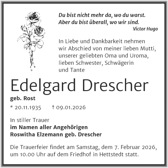 Traueranzeige von Edelgard Drescher von Trauerkombi Mansfelder Land
