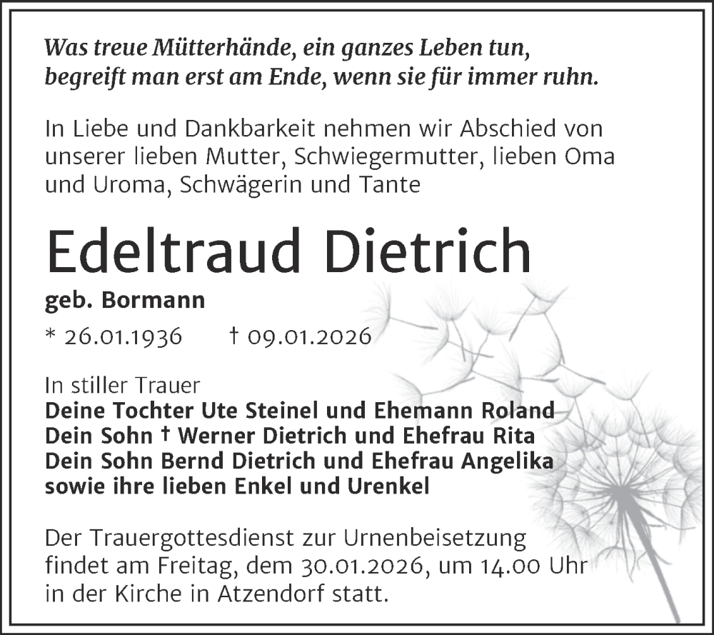  Traueranzeige für Edeltraud Dietrich vom 24.01.2026 aus Trauerkombi Merseburg