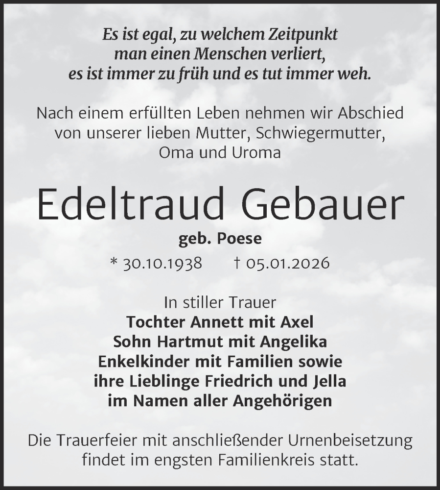  Traueranzeige für Edeltraud Gebauer vom 17.01.2026 aus Trauerkombi Mansfelder Land