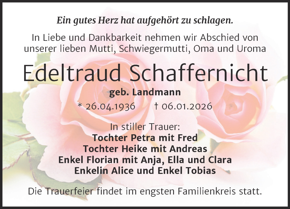  Traueranzeige für Edeltraud Schaffernicht vom 17.01.2026 aus Mitteldeutsche Zeitung Halle/Saalkreis