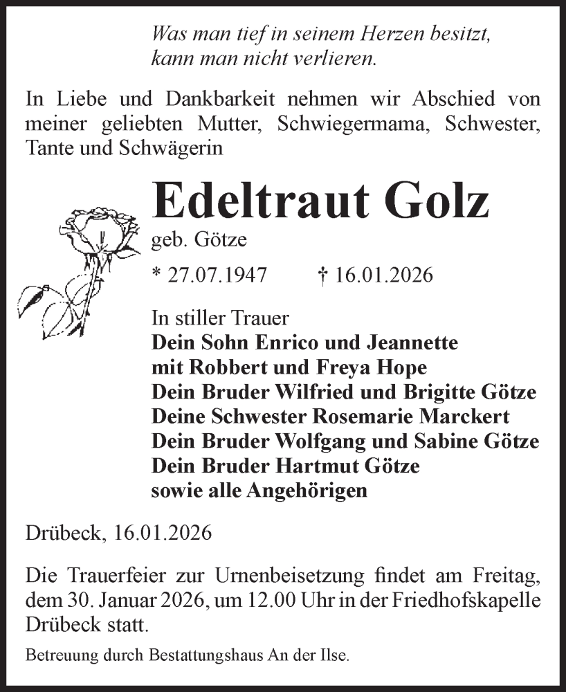  Traueranzeige für Edeltraut Golz vom 24.01.2026 aus Volksstimme Wernigerode