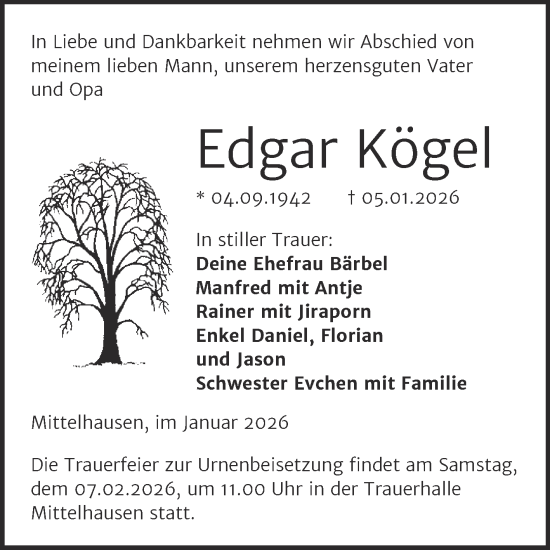 Traueranzeige von Edgar Kögel von Mitteldeutsche Zeitung Sangerhausen