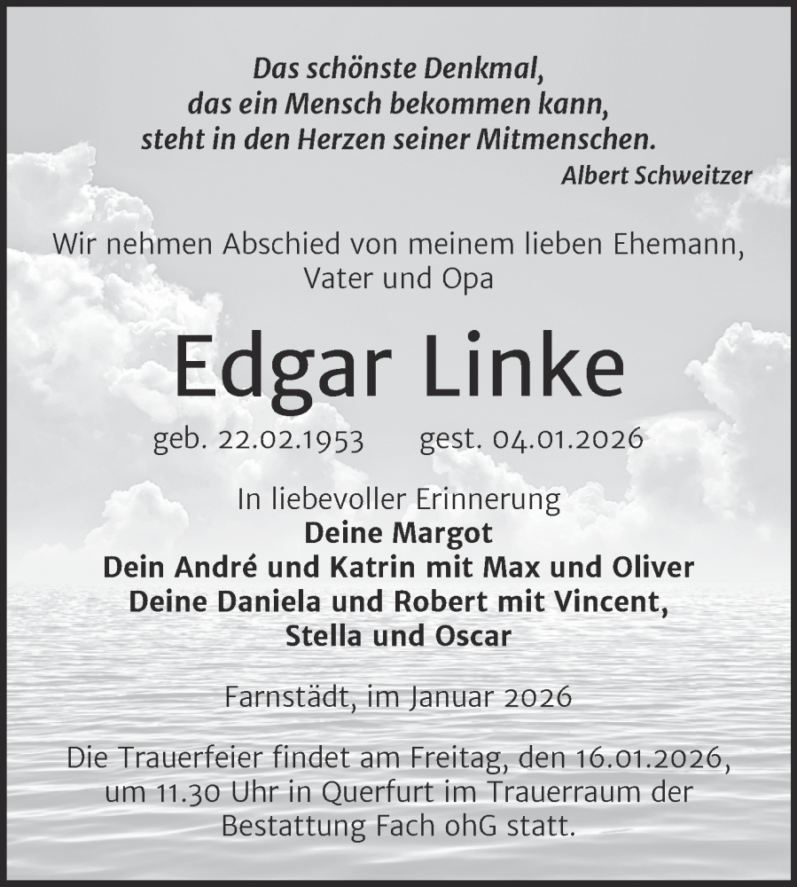  Traueranzeige für Edgar Linke vom 10.01.2026 aus Trauerkombi Merseburg