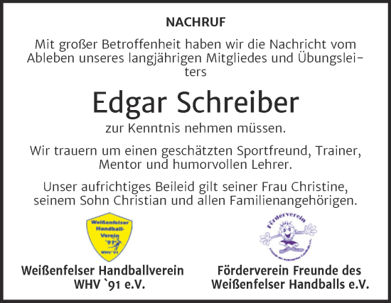 Traueranzeige von Edgar Schreiber von Trauerkombi Weißenfels