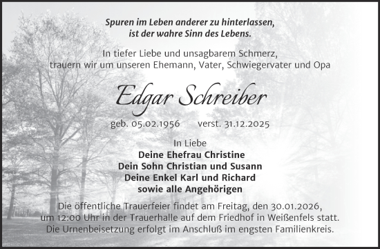 Traueranzeige von Edgar Schreiber von Trauerkombi Weißenfels