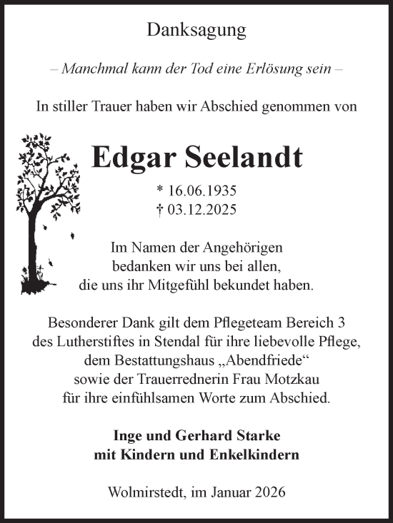 Traueranzeige von Edgar Seelandt von Volksstimme Haldensleben/Wolmirstedt