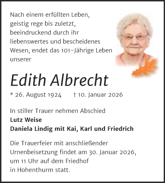 Traueranzeige von Edith Albrecht von Mitteldeutsche Zeitung Halle/Saalkreis