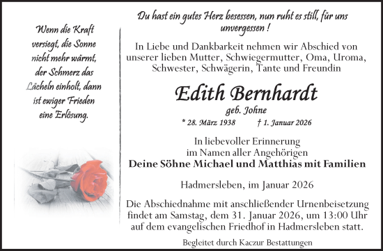 Traueranzeige von Edith Bernhardt von Volksstimme Oschersleben/Wanzleben
