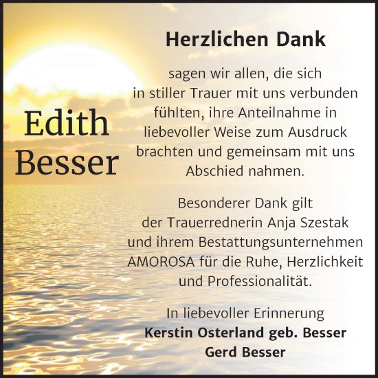 Traueranzeige von Edith Besser von Trauerkombi Dessau