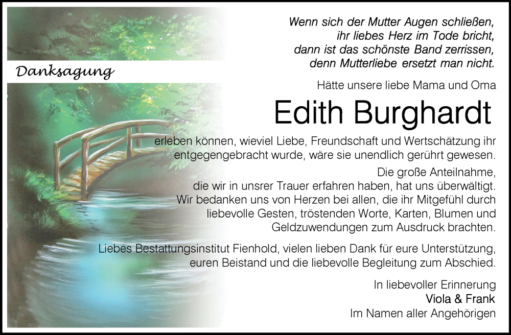  Traueranzeige für Edith Burghardt vom 24.01.2026 aus Trauerkombi Sangerhausen