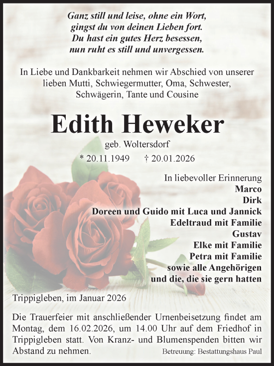 Traueranzeige von Edith Heweker von Volksstimme Altmark West