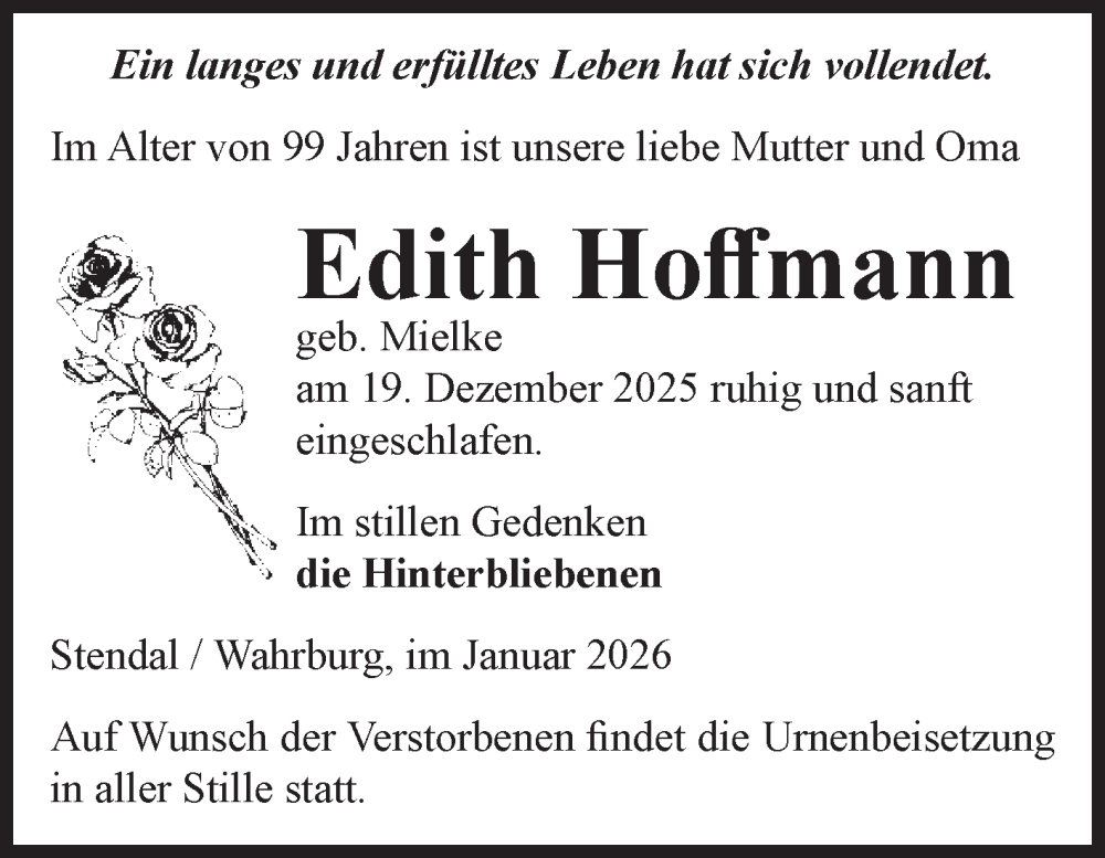  Traueranzeige für Edith Hoffmann vom 03.01.2026 aus Volksstimme Altmark Ost