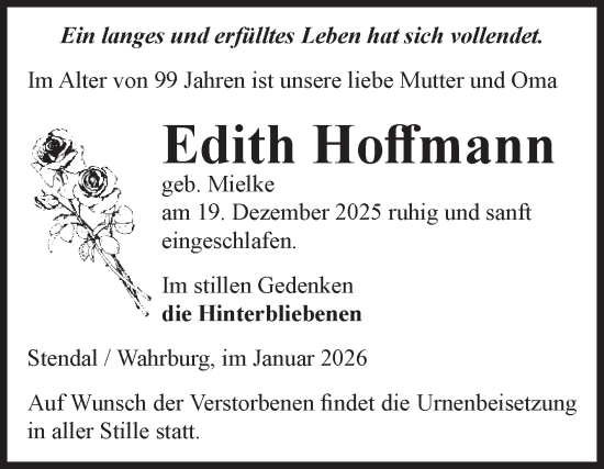Traueranzeige von Edith Hoffmann von Volksstimme Altmark Ost