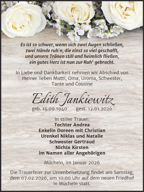 Traueranzeige von Edith Jankiewitz von Trauerkombi Merseburg