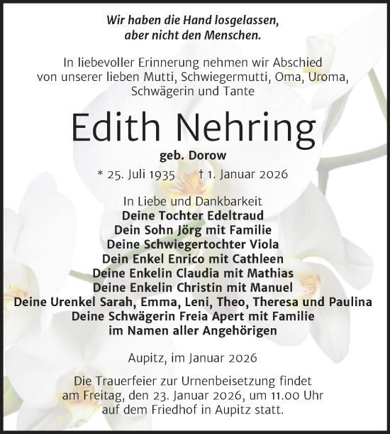 Traueranzeige von Edith Nehring von Trauerkombi Weißenfels