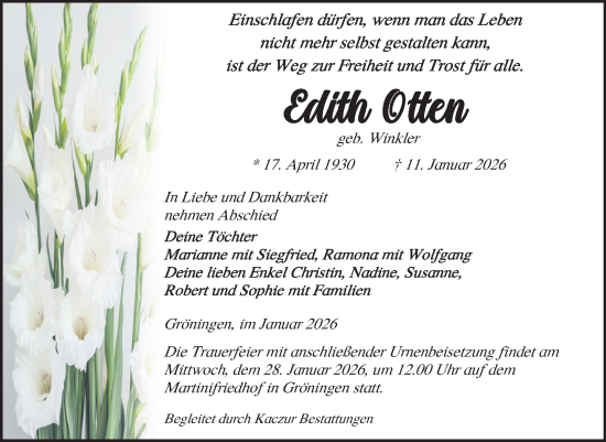 Traueranzeige von Edith Otten von Volksstimme Oschersleben/Wanzleben