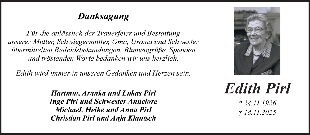  Traueranzeige für Edith Pirl vom 03.01.2026 aus Super Sonntag Dessau-Roßlau