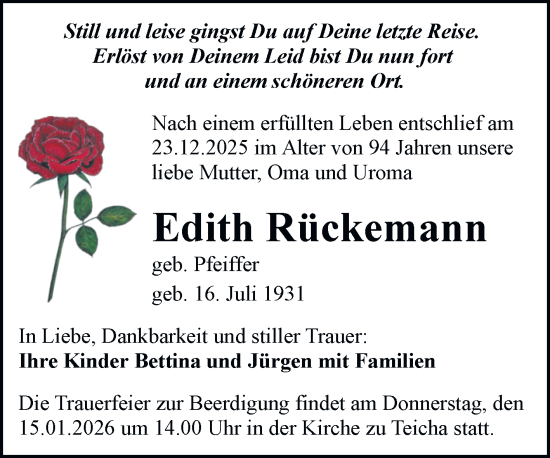 Traueranzeige von Edith Rückemann von Mitteldeutsche Zeitung Halle/Saalkreis