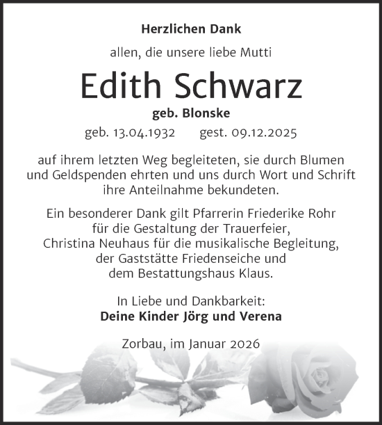 Traueranzeige von Edith Schwarz von Trauerkombi Weißenfels