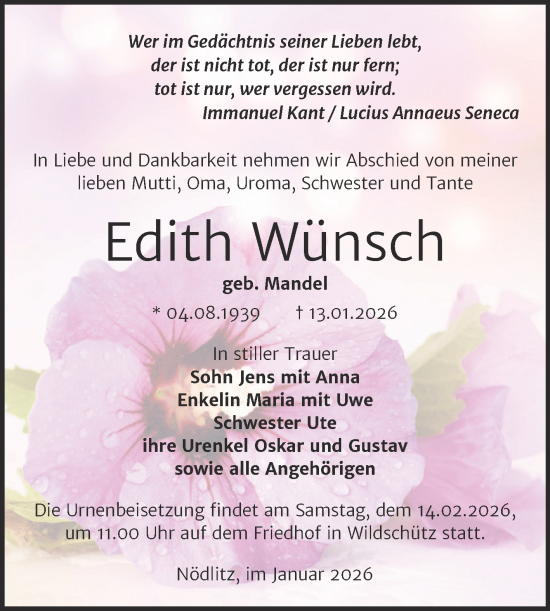 Traueranzeige von Edith Wünsch von Trauerkombi Weißenfels