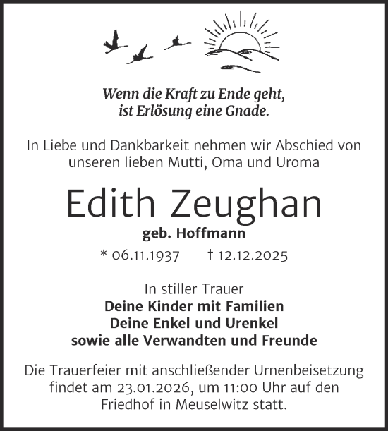 Traueranzeige von Edith Zeughan von Trauerkombi Zeitz