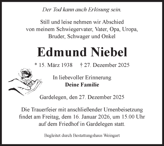 Traueranzeige von Edmund Niebel von Volksstimme Altmark West