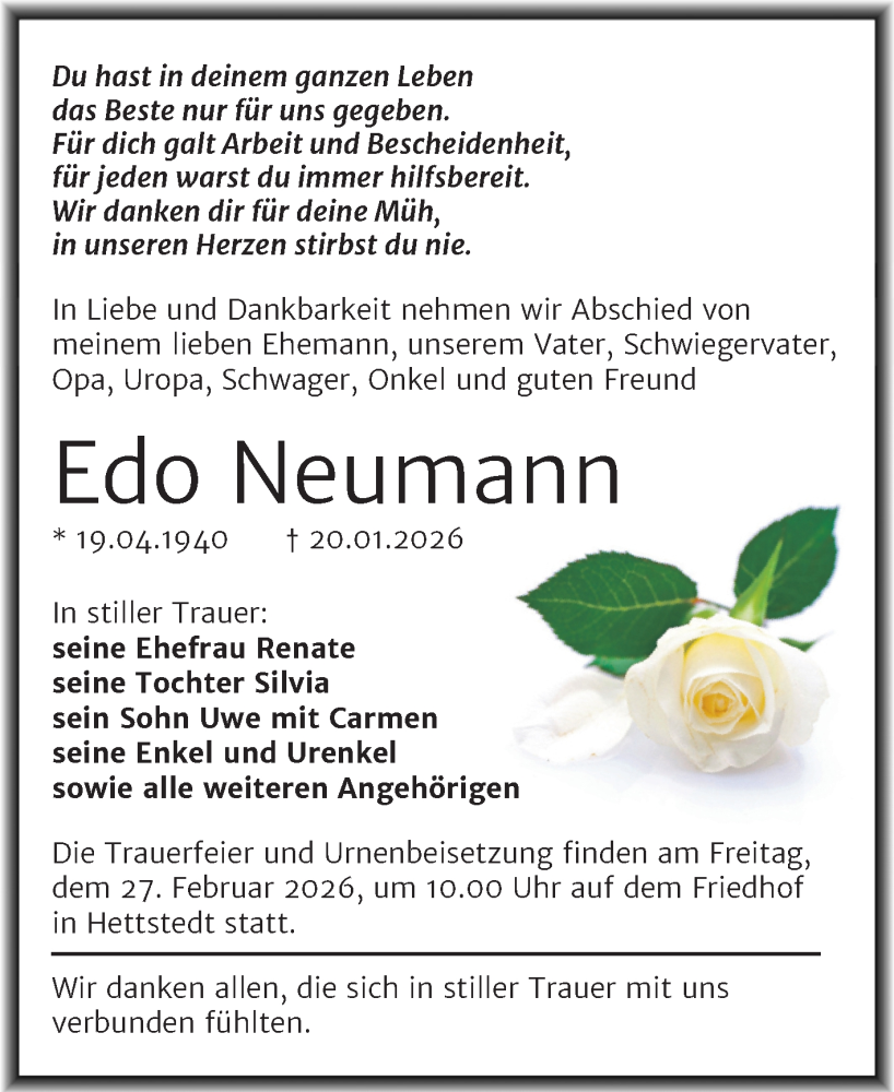  Traueranzeige für Edo Neumann vom 27.01.2026 aus Trauerkombi Mansfelder Land