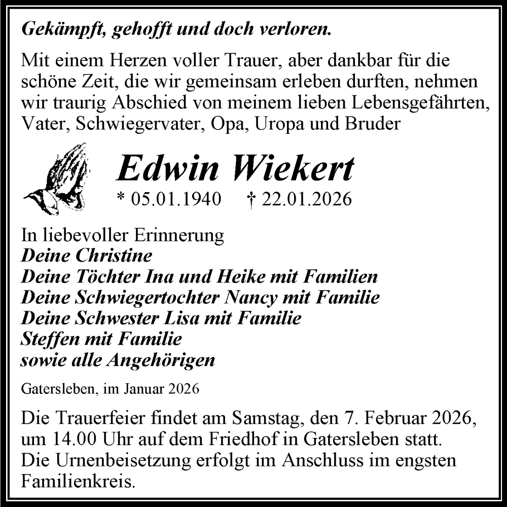  Traueranzeige für Edwin Wiekert vom 31.01.2026 aus Trauerkombi Aschersleben