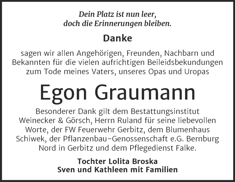  Traueranzeige für Egon Graumann vom 31.01.2026 aus Trauerkombi Bernburg