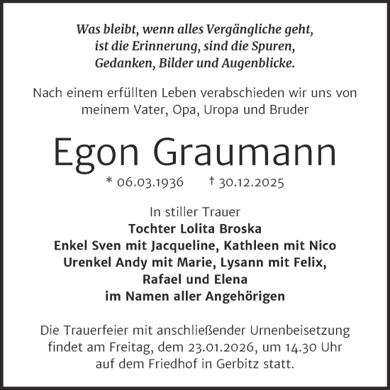 Traueranzeige von Egon Graumann von Trauerkombi Bernburg