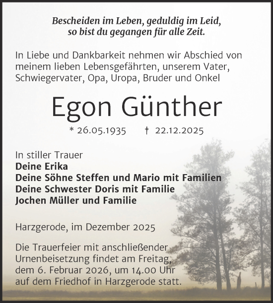 Traueranzeige von Egon Günther von Trauerkombi Quedlinburg