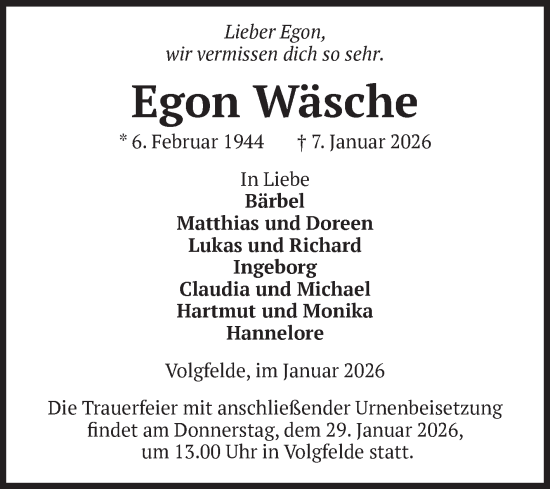 Traueranzeige von Egon Wäsche von Volksstimme Altmark Ost