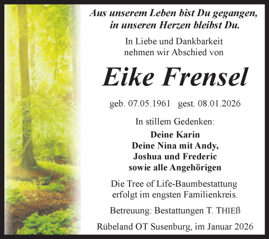 Traueranzeige von Eike Frensel von Volksstimme Wernigerode
