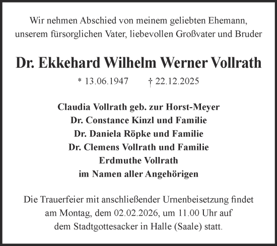 Traueranzeige von Ekkehard Wilhelm Werner Vollrath von Mitteldeutsche Zeitung Halle/Saalkreis